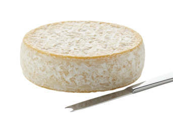 Close-up of a round wheel of soft creamy cheese with a cheese knife on black background