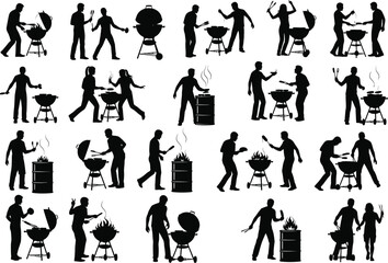 Obraz premium Collection of silhouettes of people enjoying barbecues and grilling outdoors with family and friends