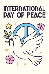 Peace dove holding olive branch with peace symbol, stars, and flowers for International Day of Peace celebration. Cute and vibrant illustration with light pastel colors and a joyful theme