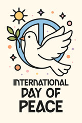 Peace dove with olive branch surrounded by peace symbol, sun, stars, and colorful bubbles. A cheerful illustration celebrating International Day of Peace with a vibrant and uplifting mood