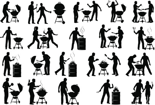 Collection of silhouettes of people enjoying barbecues and grilling outdoors with family and friends