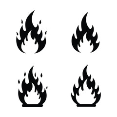 Collection of Fire Flame Icons in Black Silhouette Style on White Background