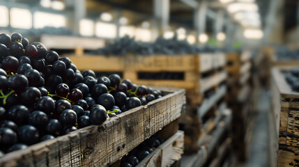 Black currant harvested in wooden boxes in a warehouse. Natural organic fruit abundance. Healthy and natural food storing and shipping concept.