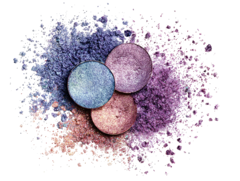 Cosmetic eyeshadows in a burst of violet, purple, and rose hues