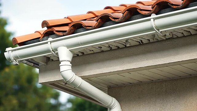 Close-up view of a residential gutter system with a tiled roof against a blurred green background