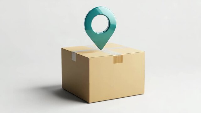 Package box with location pin symbol above, representing delivery tracking and shipment status, isolated white background with soft shadow, featuring cardboard box and tape for secure packaging
