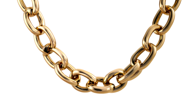 Thick Gold Chain Necklace Links Curved Displayed Isolated on White, cut out transparent