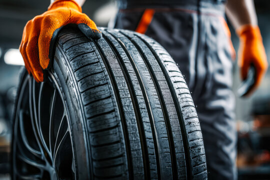 Close-up of a person holding new tire with rim in a workshop