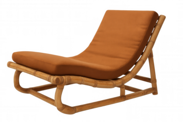 Bamboo chaise longue featuring plush orange cushioning, reclining comfortably with minimalist design against neutral transparent backdrop