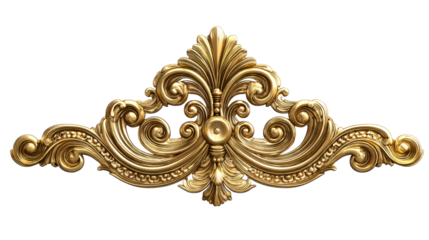 Intricate golden baroque decorative element with ornate scrolls and floral motifs, cut out transparent