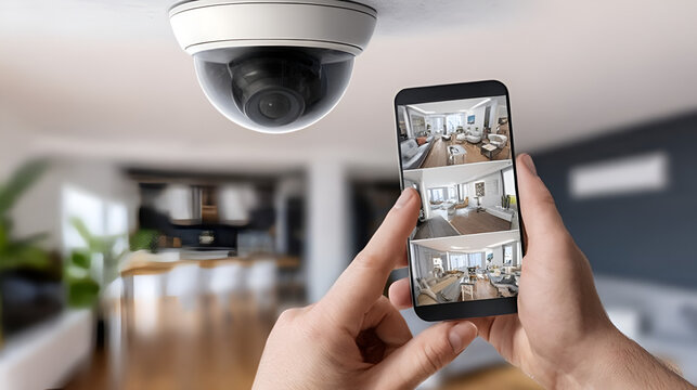 Modern Home Surveillance System Dome Camera Controlled by Mobile Phone. Ai Generated Images