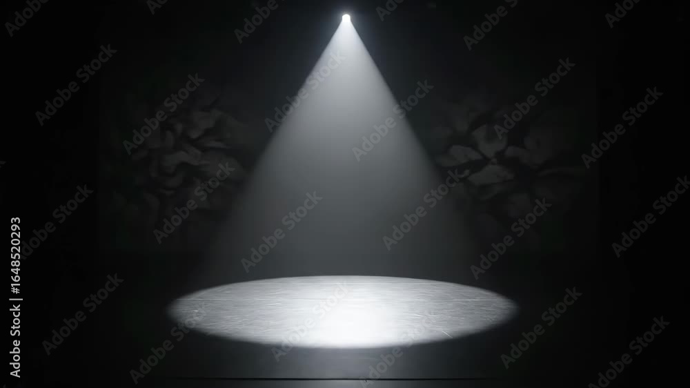 Poster spotlight on empty stage - a single spotlight illuminates a circular area on a dark stage, creating 