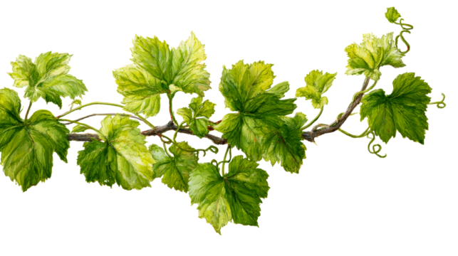 Watercolor painting of a grape vine branch with green leaves and tendrils, cut out transparent - Powered by Adobe