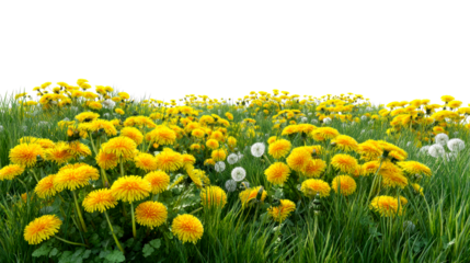 Field of blooming yellow dandelions and green grass under a bright sky, cut out transparent