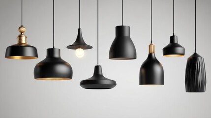 Black ceiling pendant lamps in different designs, clean isolated product shot, white background