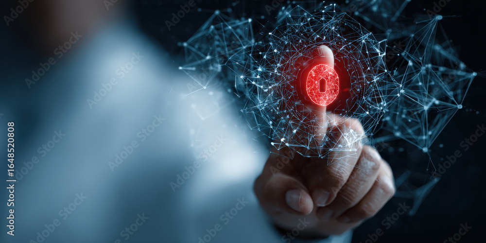 Aufkleber person interacts with digital interface, touching glowing red lock icon symbolizing cybersecurity an