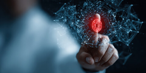Person interacts with digital interface, touching glowing red lock icon symbolizing cybersecurity and data protection. network of connections represents digital transformation and privacy