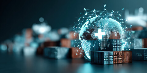 Digital globe with medical cross symbol is surrounded by shipping containers, symbolizing global supply chain disruption and healthcare innovation. scene is futuristic and interconnected