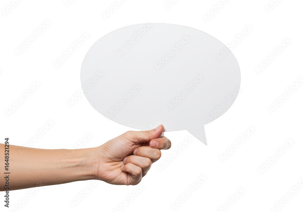 Poster hand holding a blank speech bubble isolated on transparent background
