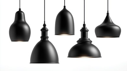 Obraz premium Set of stylish matte black pendant lamps with soft shadows, isolated on white background