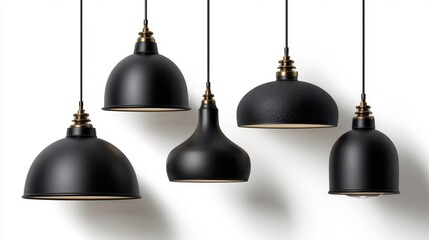 Set of stylish matte black pendant lamps with soft shadows, isolated on white background