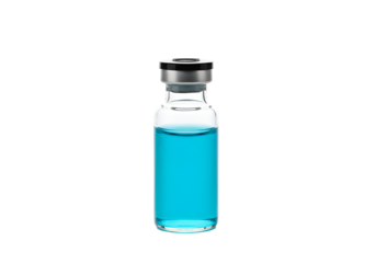Close-up of a small glass vial filled with bright blue liquid on a black background