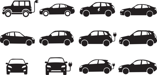 Collection of electric car silhouettes with charging plugs and lightning bolt symbols vehicle automobile