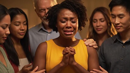 Woman Praying with Support Group - A Black woman in a yellow dress is tearfully praying while surrounded by a diverse group of people offering comfort and support. - Powered by Adobe