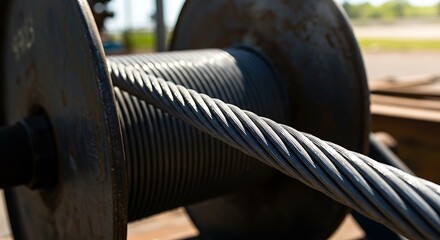 Close-up mockup of a sturdy steel cable wound on a large industrial spool, ready for heavy-duty applications