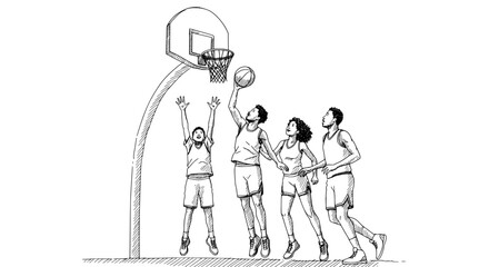 Dynamic sketch of diverse young adults playing basketball together, full of energy and teamwork spirit
