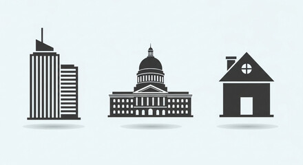 Building types vector icon set: apartment, government and house illustration for real estate concept
