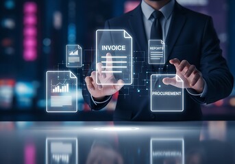 Businessman interacting with digital documents showcasing invoice reports procurement and data analysis in a modern and innovative business environment
