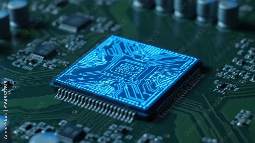 Poster glowing blue ai microchip on circuit board - close-up view of a glowing blue microchip with intricat