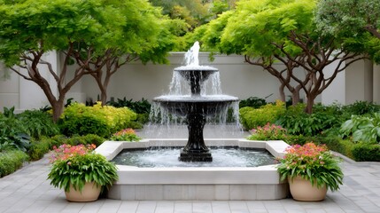 Water fountain splashing in a formal garden surrounded by trees and flowers