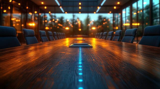 Futuristic corporate boardroom featuring a long wooden conference table with a glowing blue line, set in a modern, warmly lit office space.