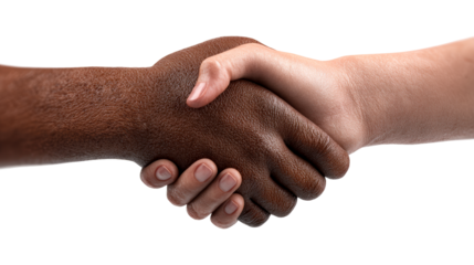 Close-up of diverse hands shaking in agreement against a white background, cut out transparent