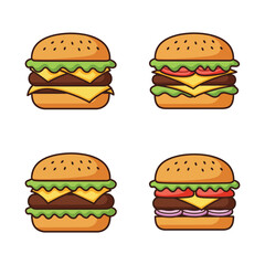 Delicious Cartoon Burgers with Various Toppings on White Background Vector Illustration