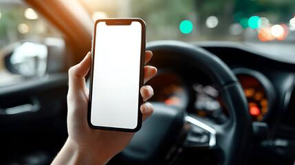 Mobile Device in Hand with Blank Screen Inside Car Interior. Ai Generated Images