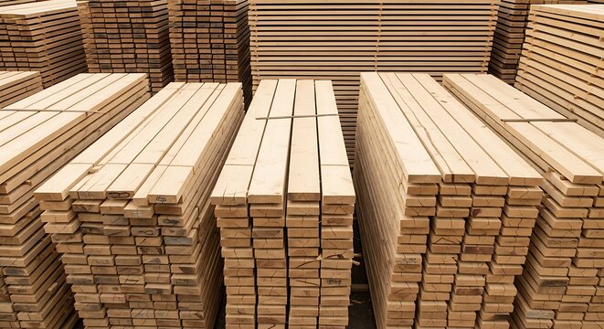 Close-up view of stacks of freshly cut wooden planks ready for construction use.