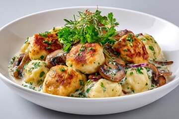 Fototapeta premium Chicken meatballs and potato gnocchi with mushroom cream sauce garnished with parsley and rosemary