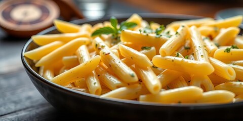 Close-up of creamy vodka penne pasta in a shallow dish, tasty, creamy