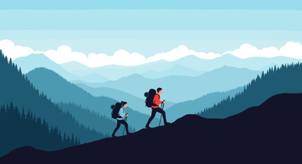 Obraz premium two adventurers ascend a mountain trail surrounded by majestic layers of blue peaks and wispy clouds under a clear sky