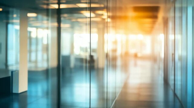 Modern office corridor with glass walls and bright sunlight creating professional and inviting hallway interior featuring polished floors and spacious corporate workspace environment