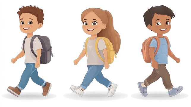 Back to school vector illustration featuring diverse students walking with backpacks, casual outfits, ideal for education promotion, campus materials, stationery design, modern minimalist style