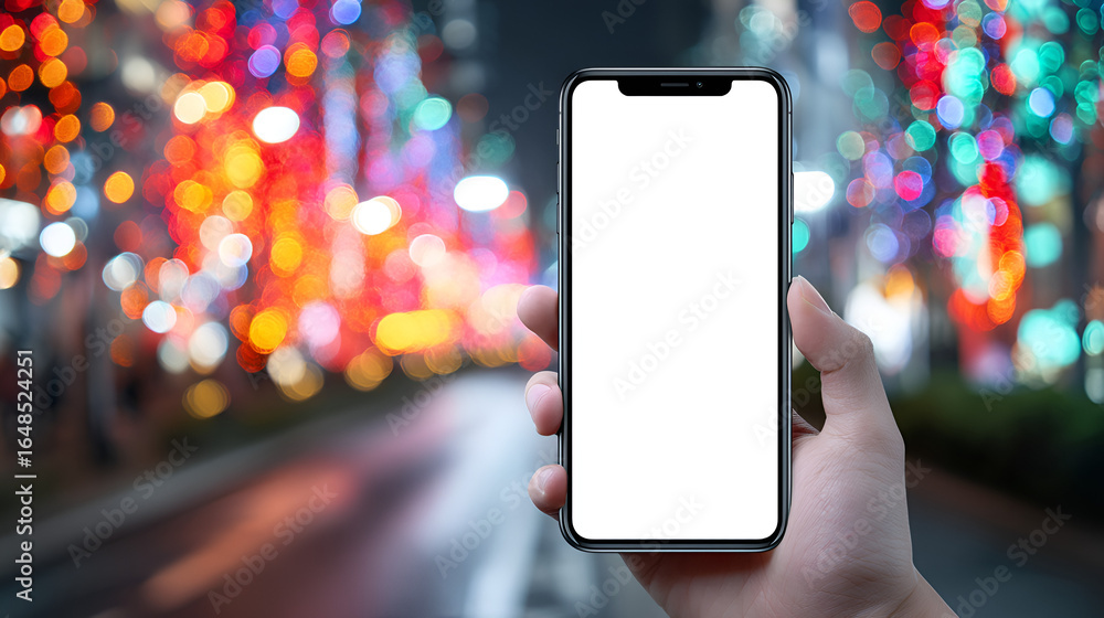 Poster modern blank screen smartphone displayed hand with bokeh light cityscape. ai generated images