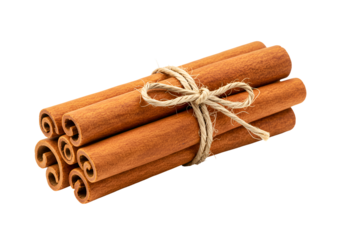 Close-up of fresh cinnamon sticks tied together with a natural twine on a black background