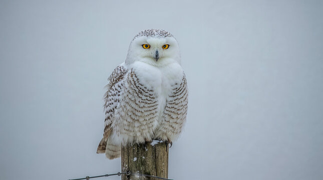 A majestic snowy owl with piercing yellow eyes perches on a weathered wooden post against a muted, overcast sky. Its white feathers are subtly patterned with dark markings.