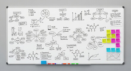 Whiteboard with complex science diagrams and equations for learning and education purposes