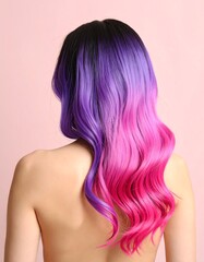 Naklejka premium Vibrant ombre hair, dark roots fading to pink and purple ends, styled in loose waves, shown from behind against a pale pink background