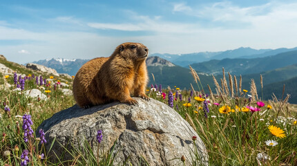 A furry marmot sits perched on a large rock amidst a vibrant alpine meadow, surrounded by colorful wildflowers and a backdrop of majestic, distant mountains.